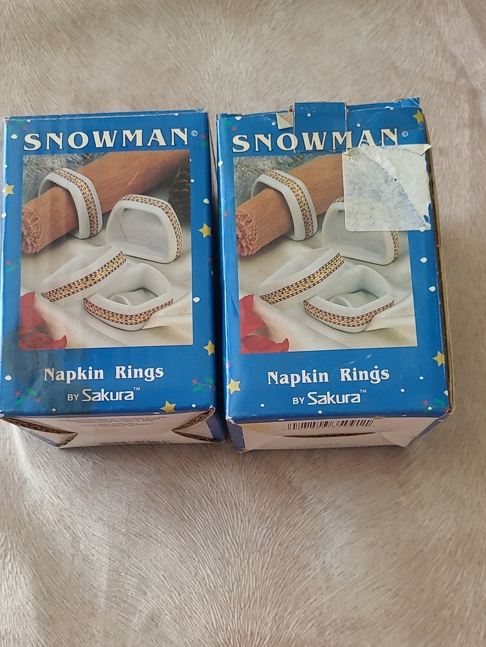 Vintage 90's Debbie Mumm Sakura Snowman Napkin Rings Lot Of 8! Original Boxes